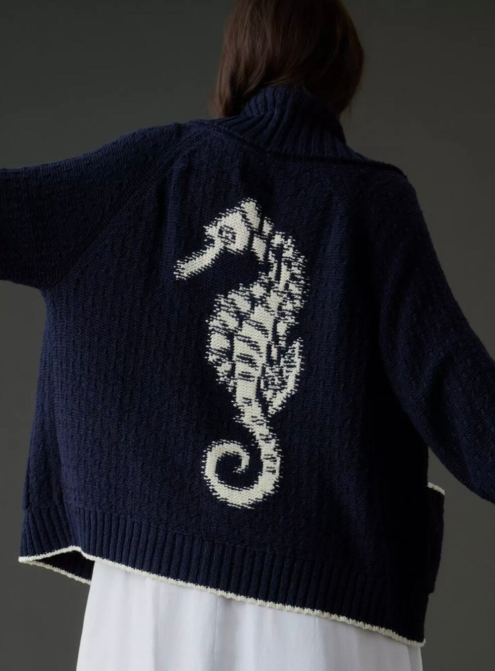 Maeve Seahorse Cardigan Navy Button Sweater Size M